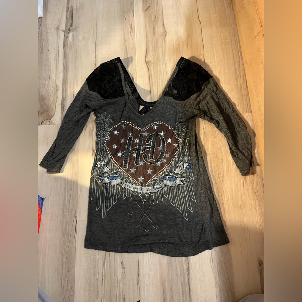 Harley-Davidson Y2k angel grunge rhinestone lace long sleeve tee